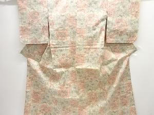 アンティーク　草花模様織り出し手織り真綿小千谷紬単衣着物